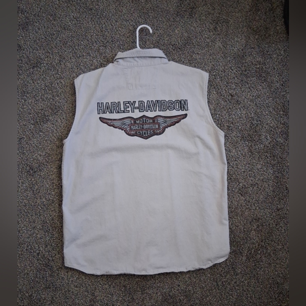 Harley-Davidson Sleevless Button Down Cotton Vest Logo Spellout Gray L